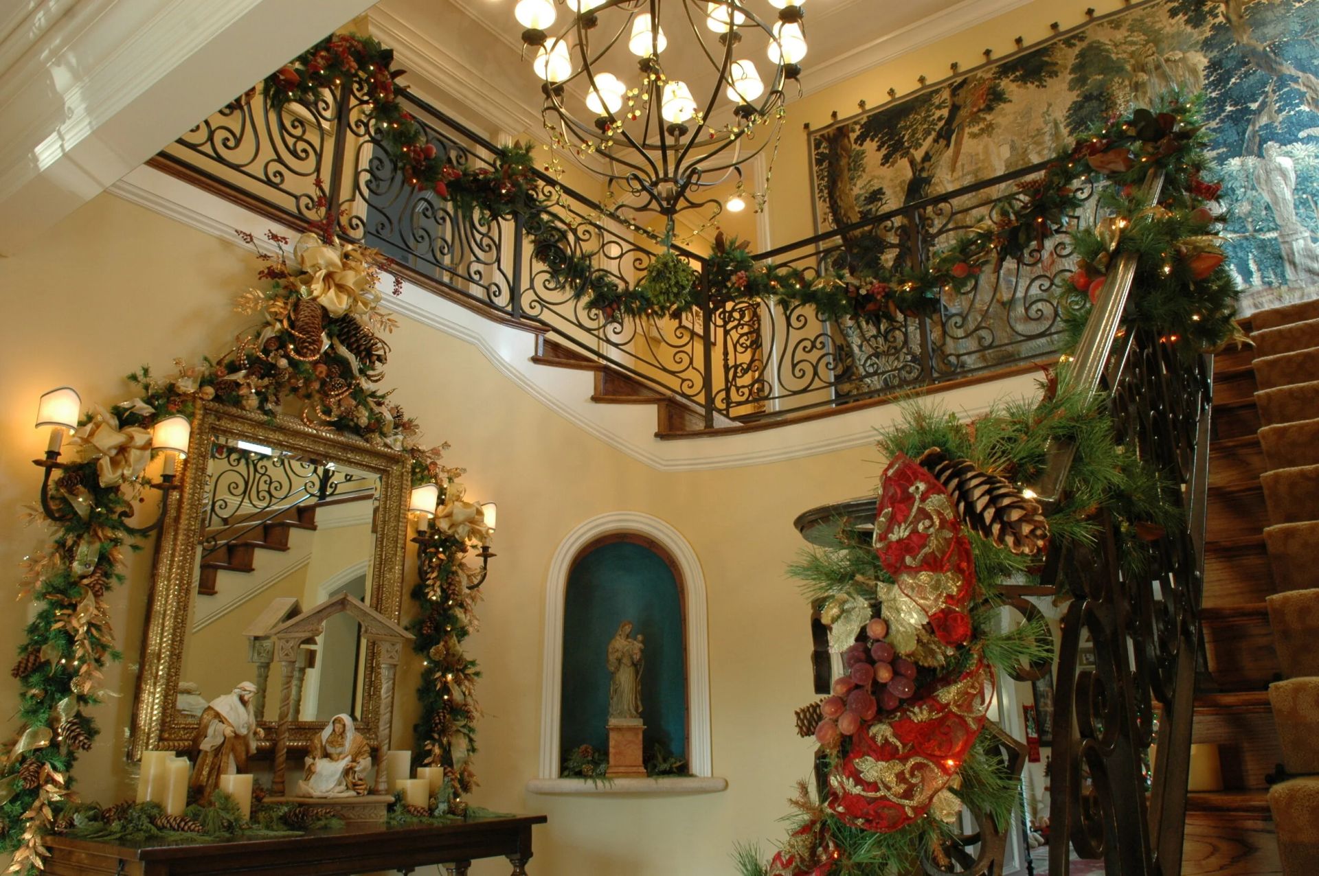 Grand staircase with lights and decorations